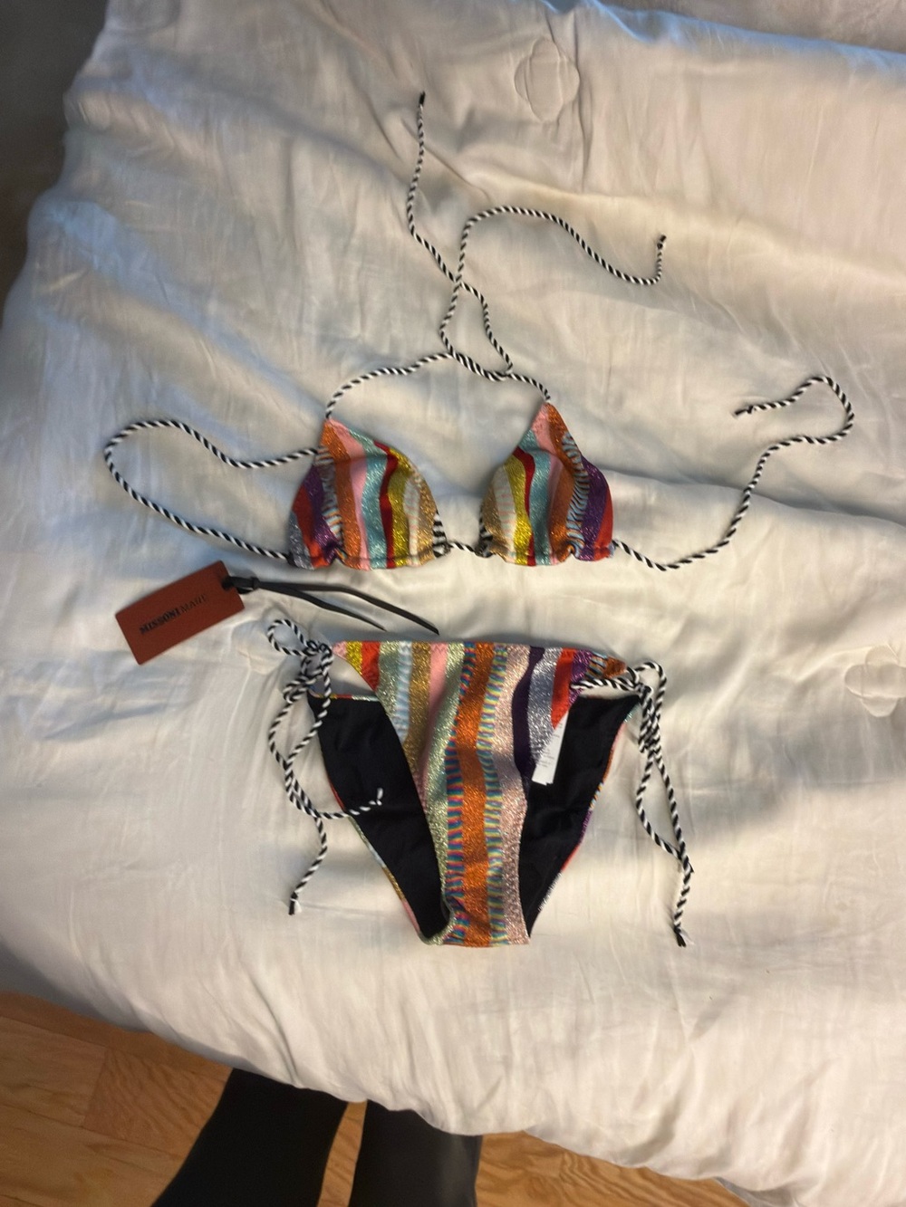 Missoni Multicolor Metallic Stripe Tie Bikini with Black-White Rope
